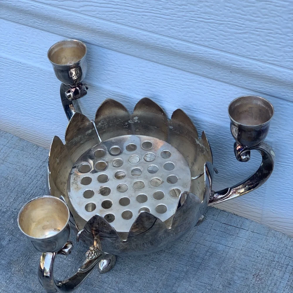 Vintage Brass Lotus 3 Arm Candelabra W/Flower Bowl & Candles/Holder Sliverplated